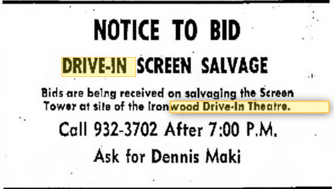Ironwood Drive-In Theatre - 06 Jun 1974 Ad For Screen Salvage (newer photo)